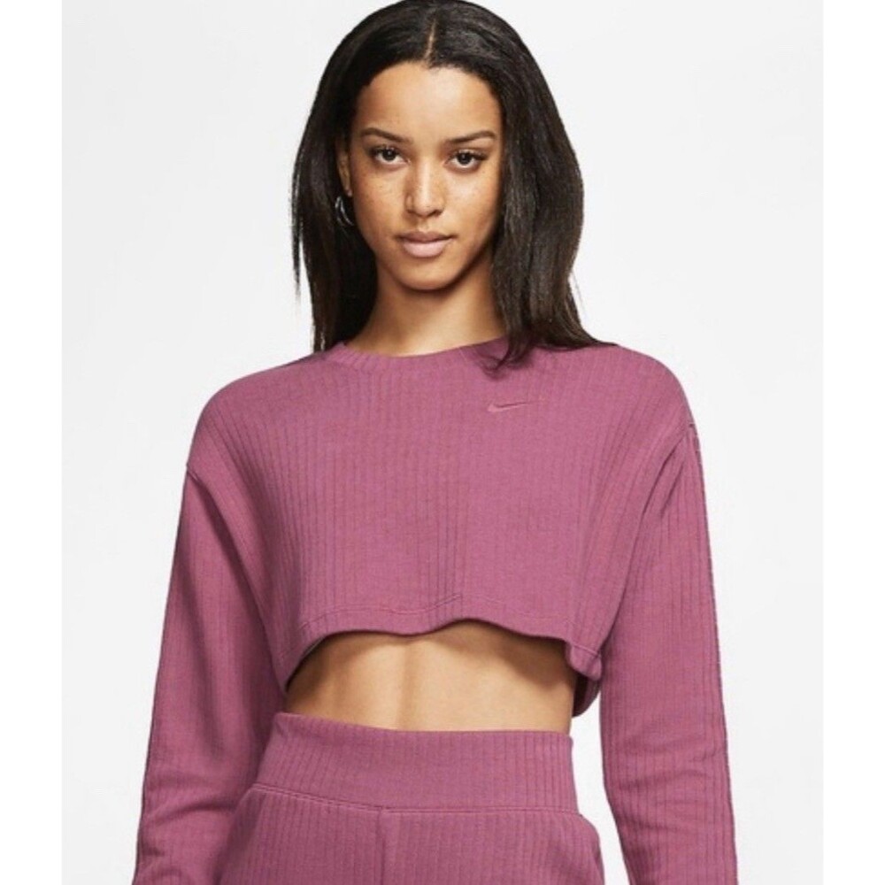 Nike Women's Mulberry Rose Cropped Rib Knit Crew Neck Long Sleeve Sweatshirt L